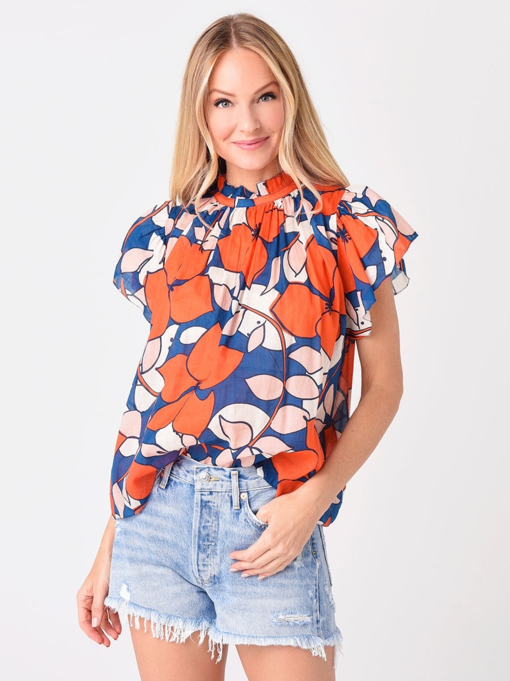 TROVATA Carla High Neck Floral Ruffle Blouse Blue Orange Women Size M